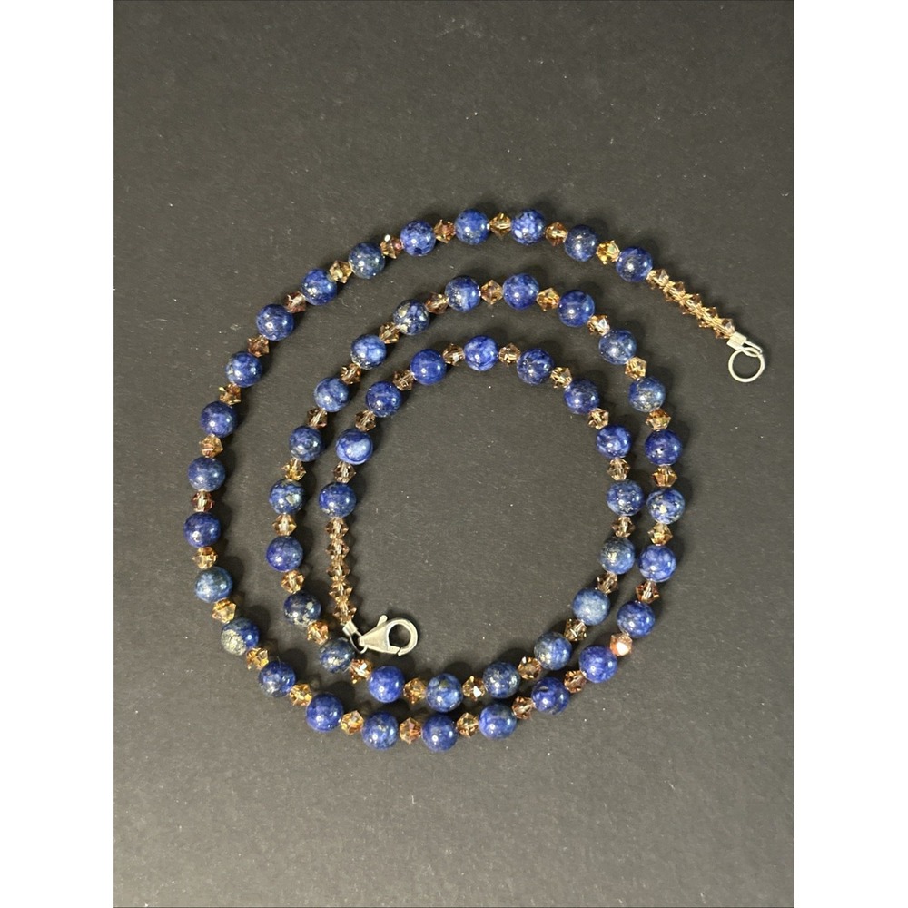 Blue Lapis Lazuli Bead Necklace AB Glass Spacers Sterling Silver Clasp 22"